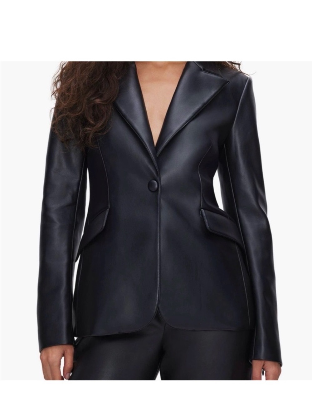Good American Black Faux Leather Single-Button Blazer